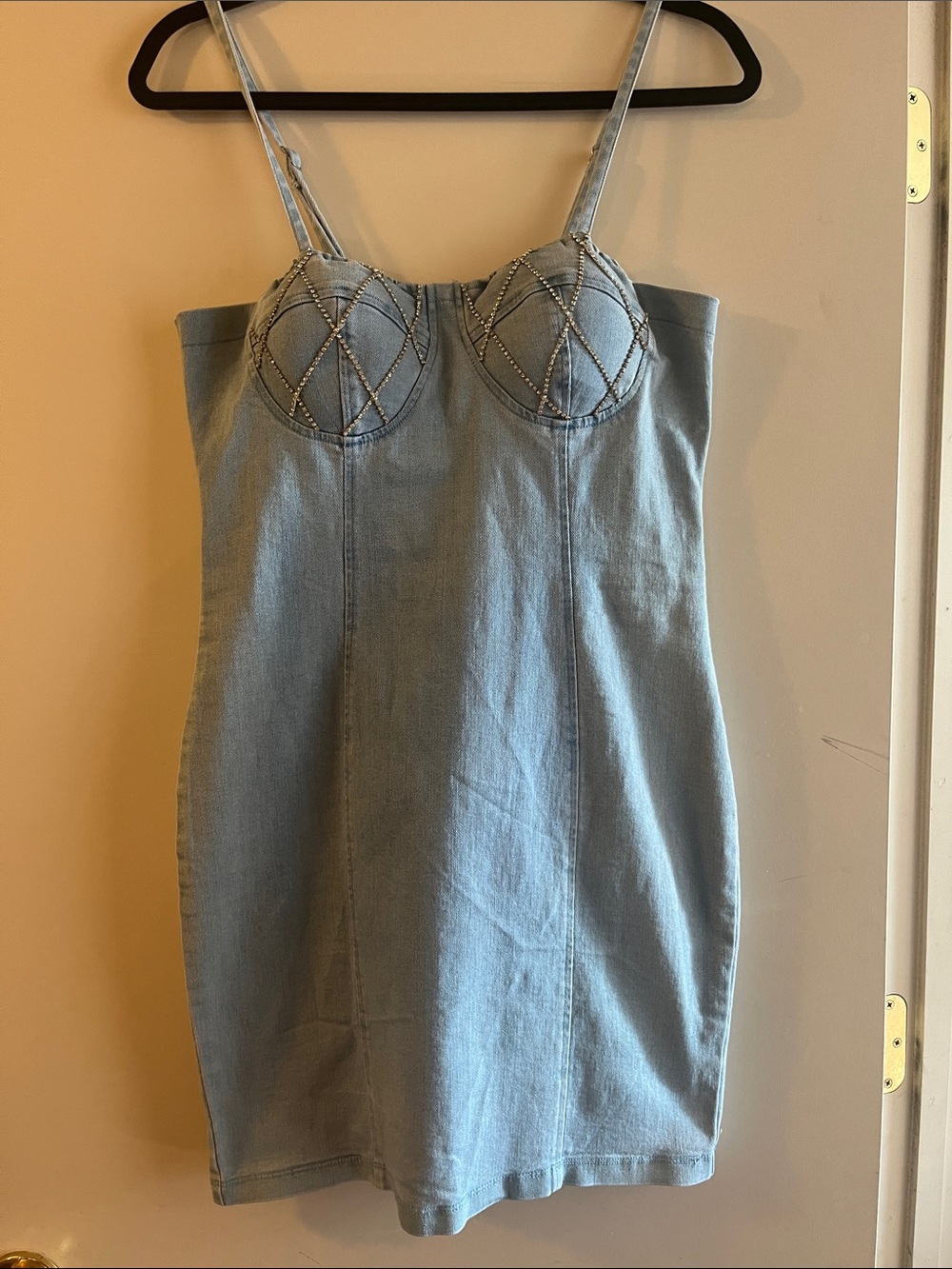 Haute Monde Light Blue Denim Bustier Mini Dress with Quilted Cups